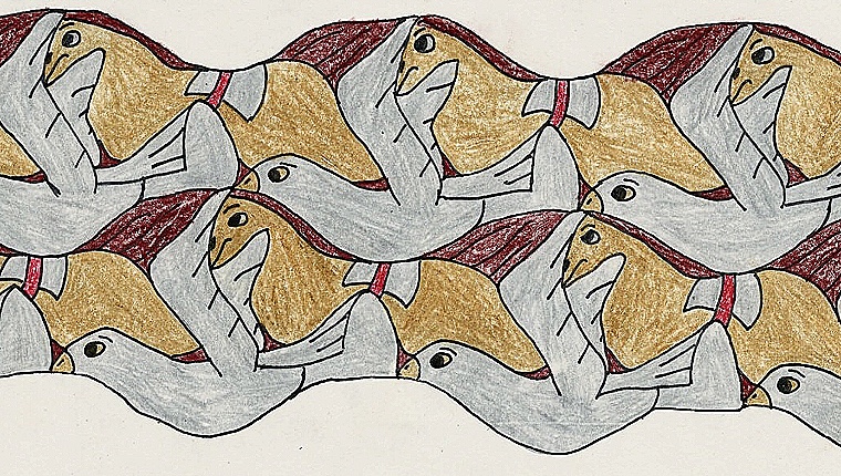 Børnetegning af fugle og heste