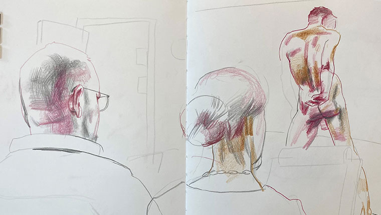 Tegning af model og to tegnere