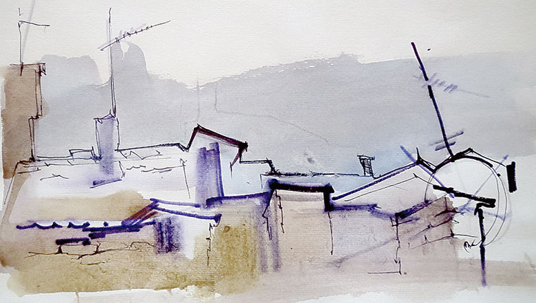 Watercolor picture of cityscape (roofs)