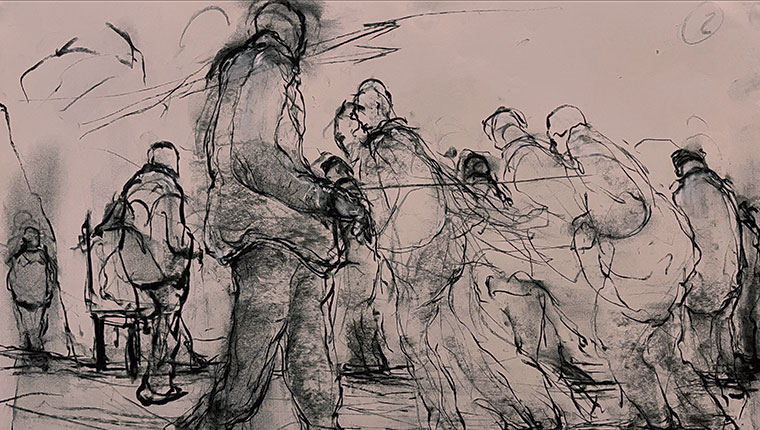 B/W sketch with many people